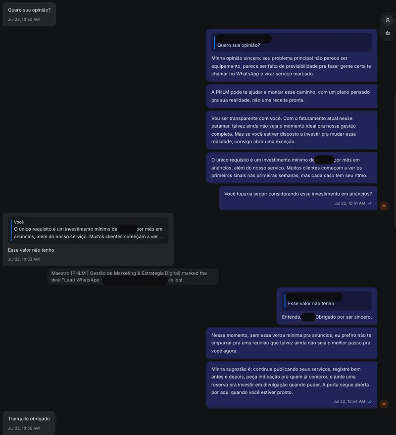 Conversa do SDR automatizado qualificando um lead