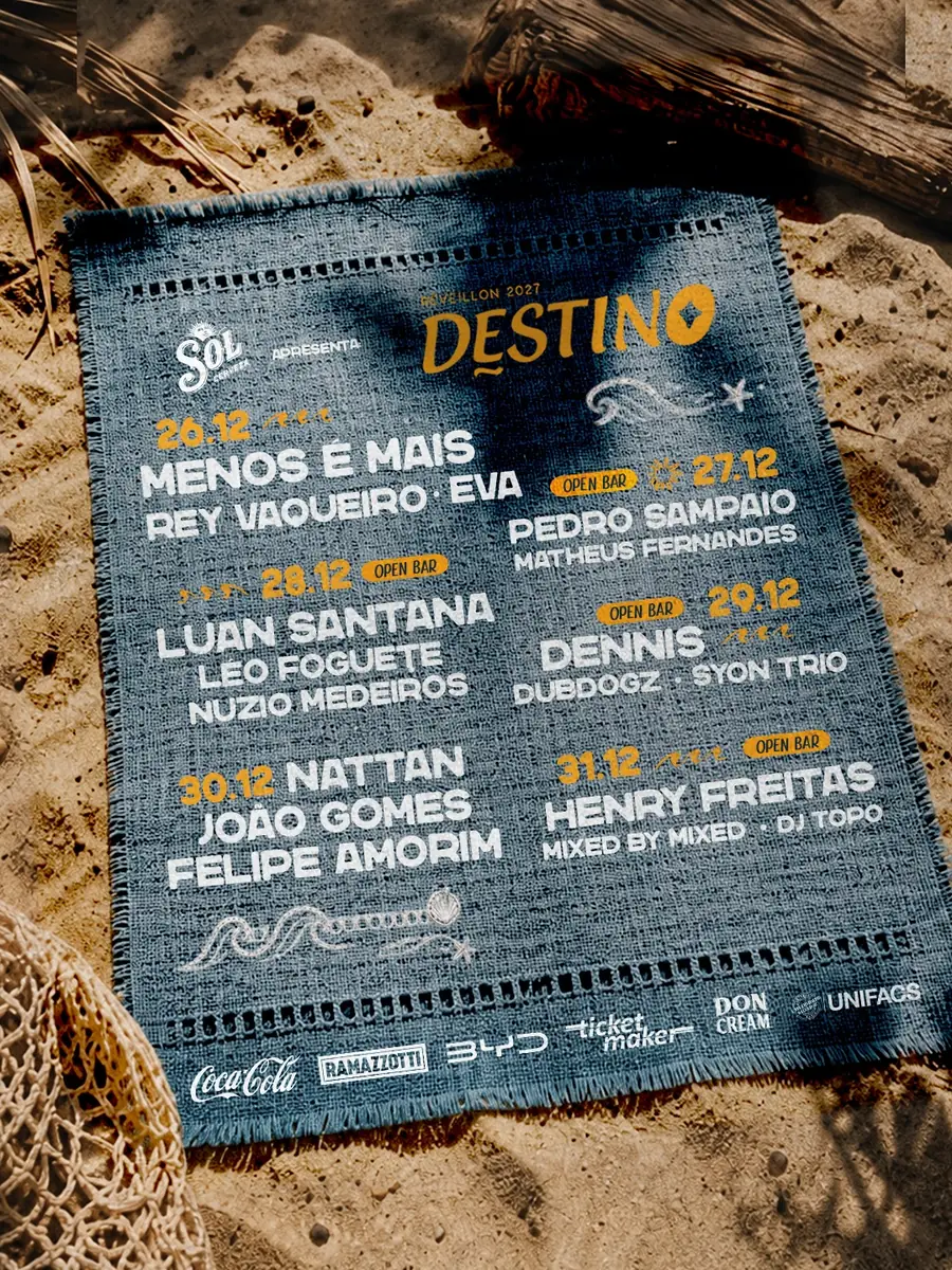 Line-up Réveillon Destino 2027 em Itacimirim - BA: Menos é Mais, Pedro Sampaio, Luan Santana, Dennis, Nattan, João Gomes, Felipe Amorim, Henry Freitas e mais, de 26 a 31 de dezembro