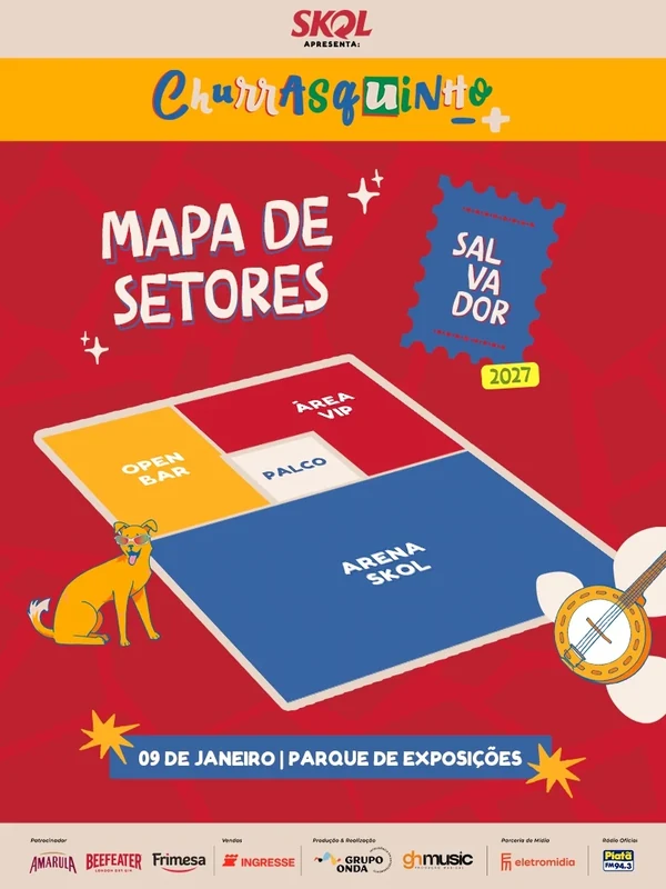 Mapa de setores do Churrasquinho Menos é Mais Salvador 2027: Arena Skol em azul, Área VIP em vermelho, Open Bar em amarelo e o palco ao centro